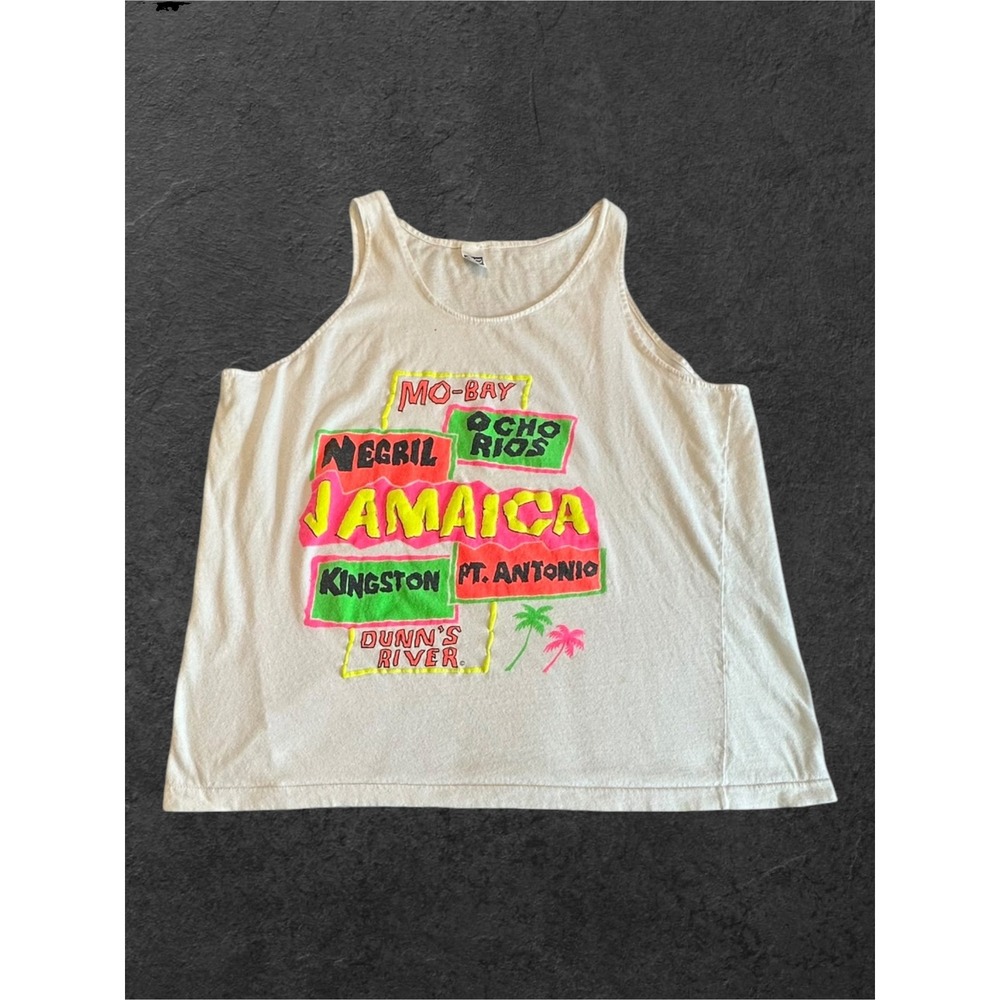 Vintage Sun Island Jamaica Tank Top Mens XL White Neon Graphic Souvenir
